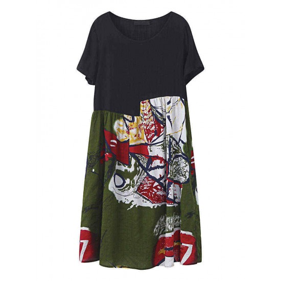 Women Print Patchwork Dress Short Sleeve O Neck Pockets Dress