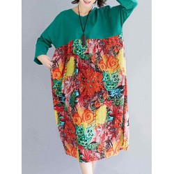 Women Printed Patchwork Long Sleeve Cotton Linen Dress