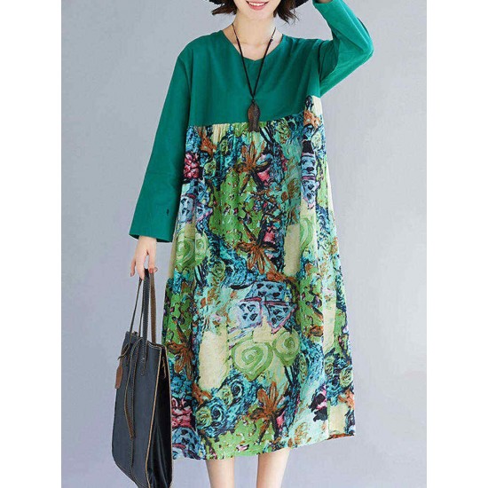 Women Printed Patchwork Long Sleeve Cotton Linen Dress