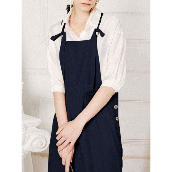 Women Retro Adjustable Straps Solid Color Cotton Dress