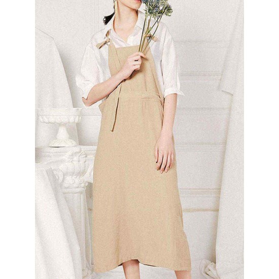 Women Retro Adjustable Straps Solid Color Cotton Dress