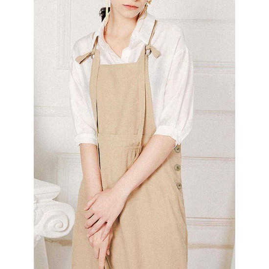 Women Retro Adjustable Straps Solid Color Cotton Dress