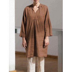 Women Retro V-neck Long Sleeve Loose Cotton Dress