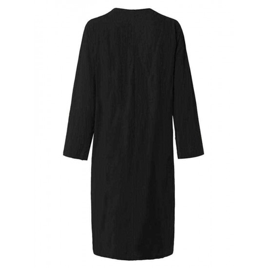 Women Retro V-neck Long Sleeve Loose Cotton Dress