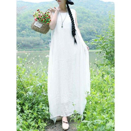 Women Sleeveless Split Layered Cotton  Maxi Dress