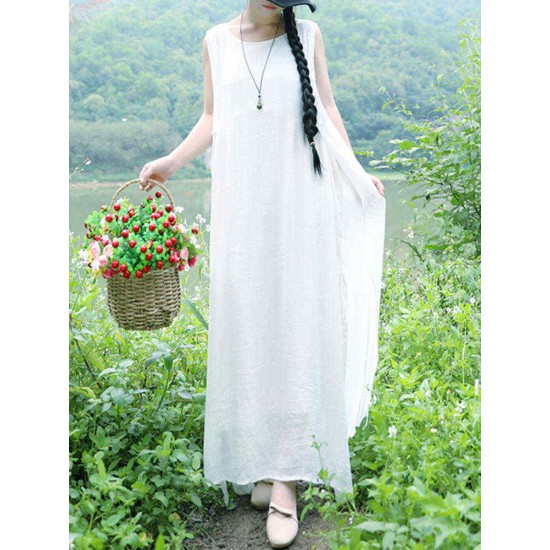 Women Sleeveless Split Layered Cotton  Maxi Dress