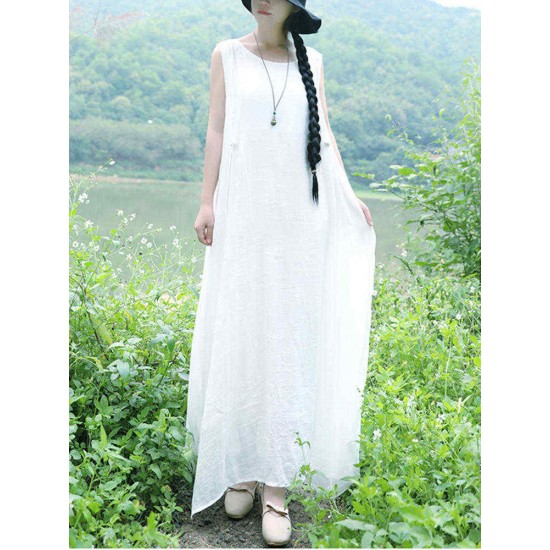 Women Sleeveless Split Layered Cotton  Maxi Dress