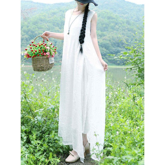 Women Sleeveless Split Layered Cotton  Maxi Dress