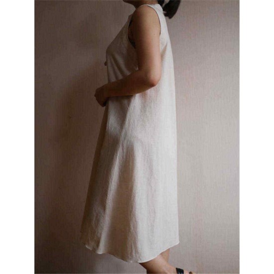 Women Sleeveless Stand Collar Solid Color Loose Dress