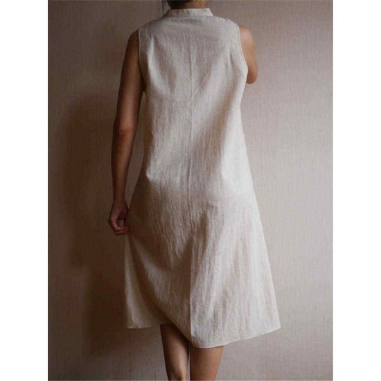 Women Sleeveless Stand Collar Solid Color Loose Dress