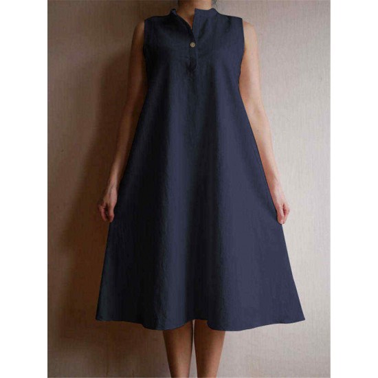 Women Sleeveless Stand Collar Solid Color Loose Dress