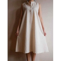 Women Sleeveless Stand Collar Solid Color Loose Dress