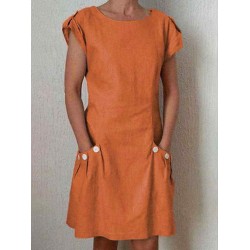 Women Solid Color Short Sleeve Pockets Buttoned-decor Linen Dress