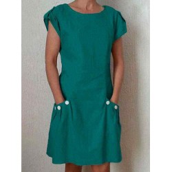 Women Solid Color Short Sleeve Pockets Buttoned-decor Linen Dress