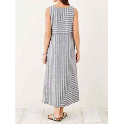 Women Stripe Crew Neck Sleeveless Side Split Dress