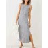 Women Stripe Crew Neck Sleeveless Side Split Dress