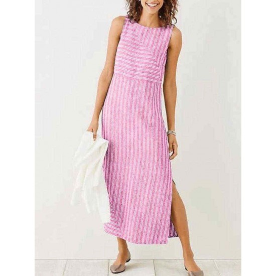 Women Stripe Crew Neck Sleeveless Side Split Dress