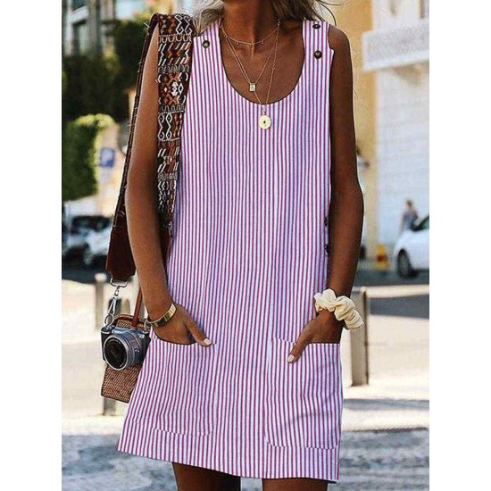 Women Stripe Round Neck Sleeveless Short Dress with Pockets