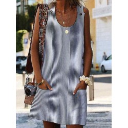 Women Stripe Round Neck Sleeveless Short Dress with Pockets