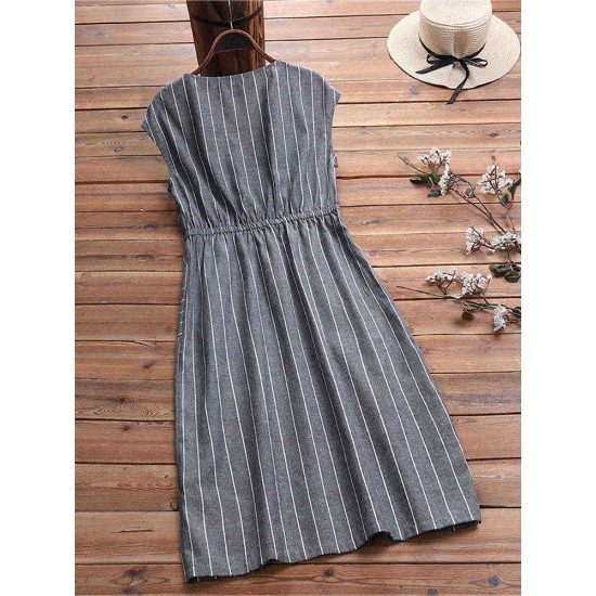 Women Stripe V-neck Sleeveless Casual Dress with Pockets