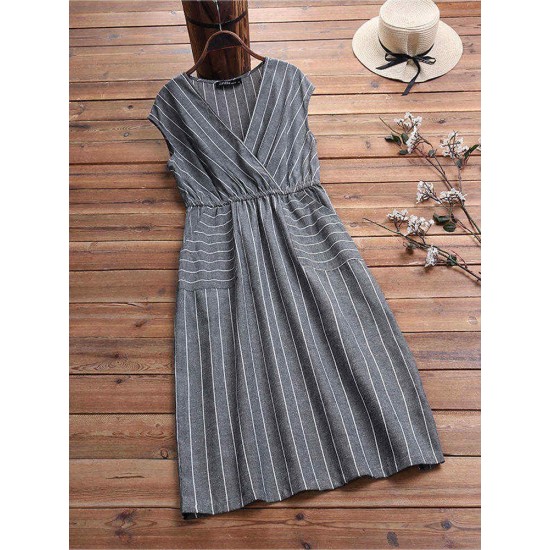 Women Stripe V-neck Sleeveless Casual Dress with Pockets