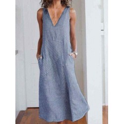 Women Stripe V-neck Sleeveless Holiday Casual Dress