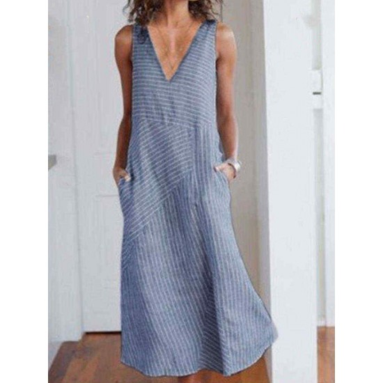 Women Stripe V-neck Sleeveless Holiday Casual Dress