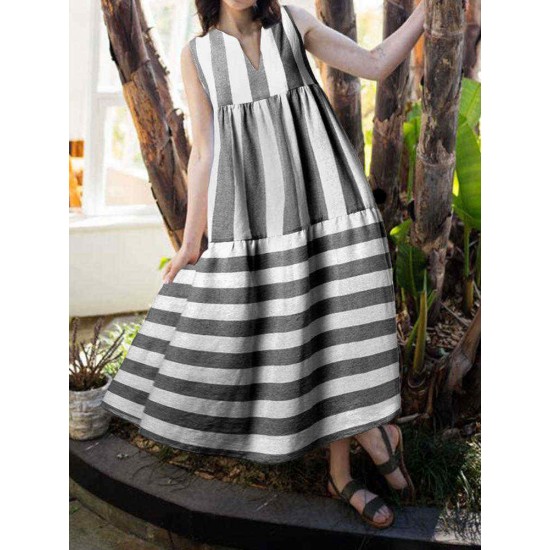 Women Stripe V-neck Sleeveless Pleated Loose Dress