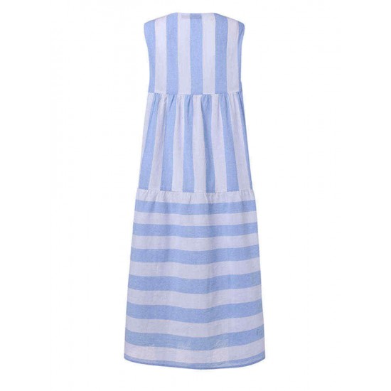 Women Stripe V-neck Sleeveless Pleated Loose Dress