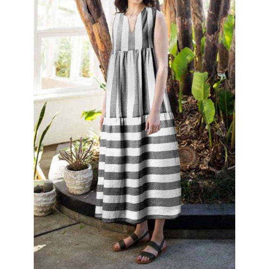 Women Stripe V-neck Sleeveless Pleated Loose Dress