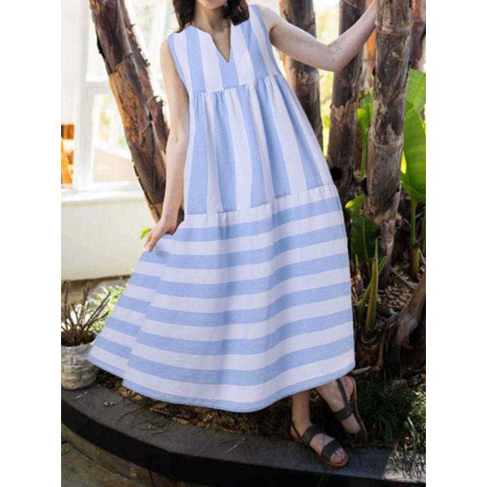 Women Stripe V-neck Sleeveless Pleated Loose Dress