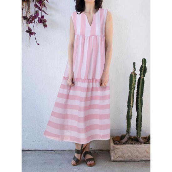 Women Stripe V-neck Sleeveless Pleated Loose Dress