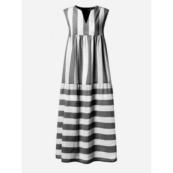 Women Stripe V-neck Sleeveless Pleated Loose Dress