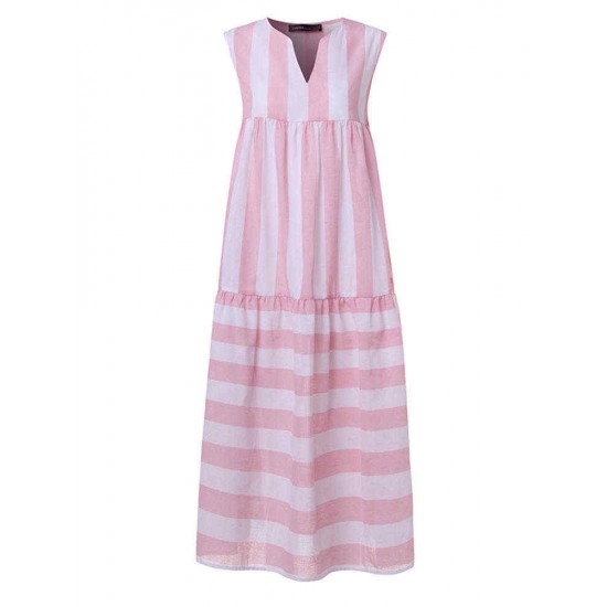 Women Stripe V-neck Sleeveless Pleated Loose Dress