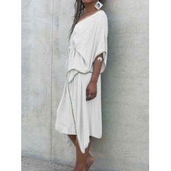 Women V-Neck Loose Bat Sleeve Waist Drawstring Strap Dress