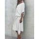 Women V-Neck Loose Bat Sleeve Waist Drawstring Strap Dress