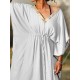 Women V-Neck Loose Bat Sleeve Waist Drawstring Strap Dress