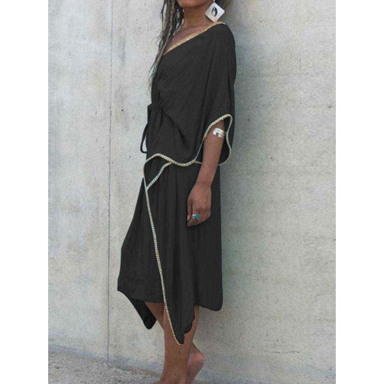 Women V-Neck Loose Bat Sleeve Waist Drawstring Strap Dress