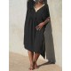 Women V-Neck Loose Bat Sleeve Waist Drawstring Strap Dress