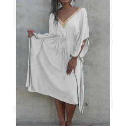 Women V-Neck Loose Bat Sleeve Waist Drawstring Strap Dress