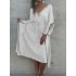 Women V-Neck Loose Bat Sleeve Waist Drawstring Strap Dress