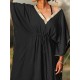 Women V-Neck Loose Bat Sleeve Waist Drawstring Strap Dress