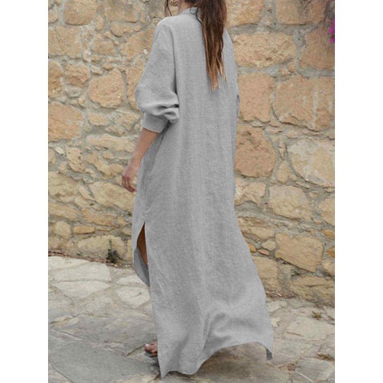 Women V-neck Long Sleeve Side Split Loose Kaftan Dress