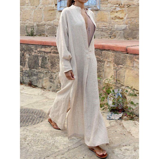 Women V-neck Long Sleeve Side Split Loose Kaftan Dress