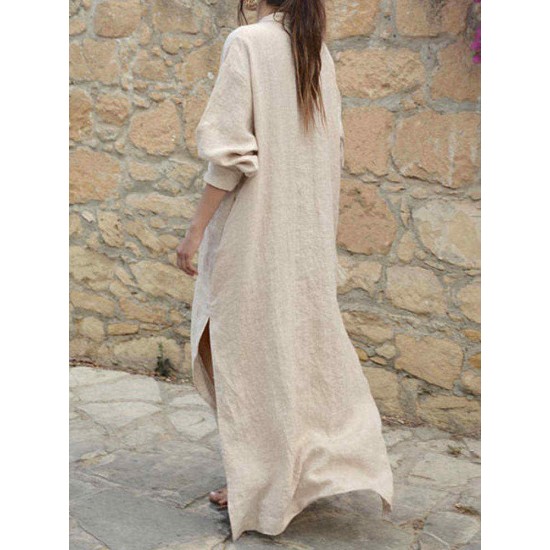 Women V-neck Long Sleeve Side Split Loose Kaftan Dress