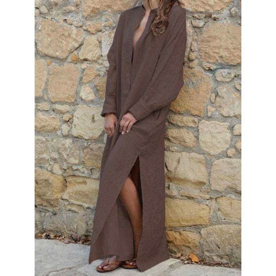 Women V-neck Long Sleeve Side Split Loose Kaftan Dress