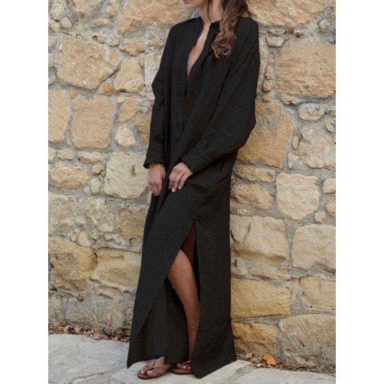 Women V-neck Long Sleeve Side Split Loose Kaftan Dress