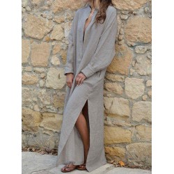 Women V-neck Long Sleeve Side Split Loose Kaftan Dress