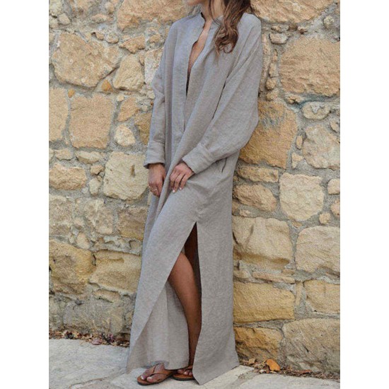 Women V-neck Long Sleeve Side Split Loose Kaftan Dress