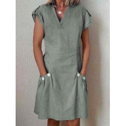 Women V-neck Short Sleeve Button Dress with Pockets